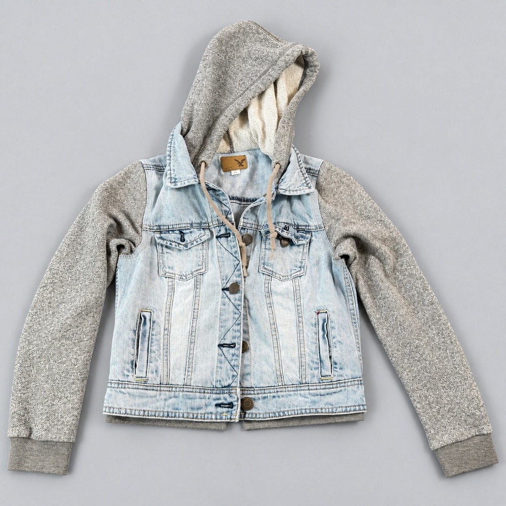 Hooded Denim Jacket Light Wash Gray Knit Sleeves American Eagle Small
